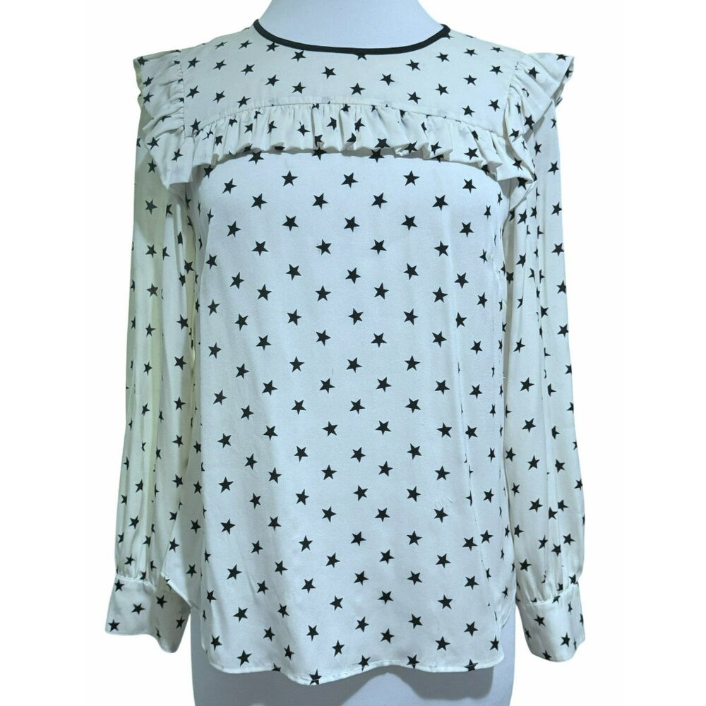 J. Crew Womens Silk Stars Blouse Sz 6 Ruffle Bib Front Long Sleeves Black White